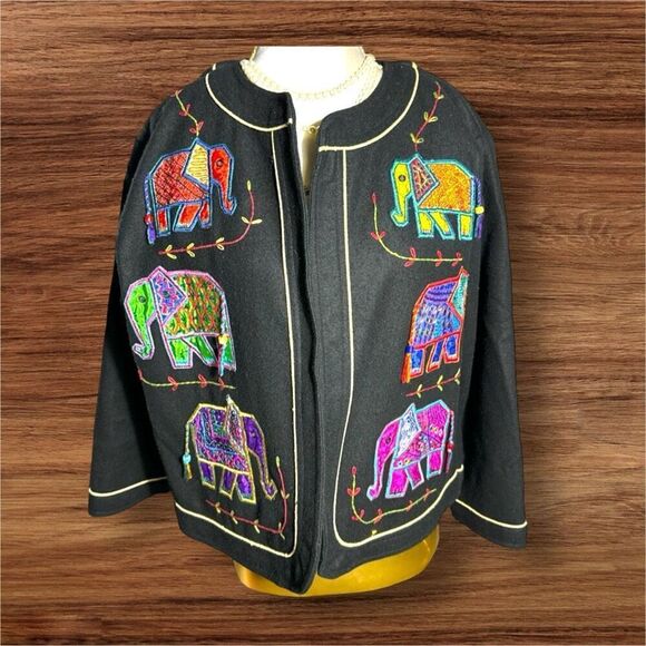 Vintage YakMagik Womens Wool Embroidered Patchwork Elephant Stitched Blazer sz S - Picture 3 of 6